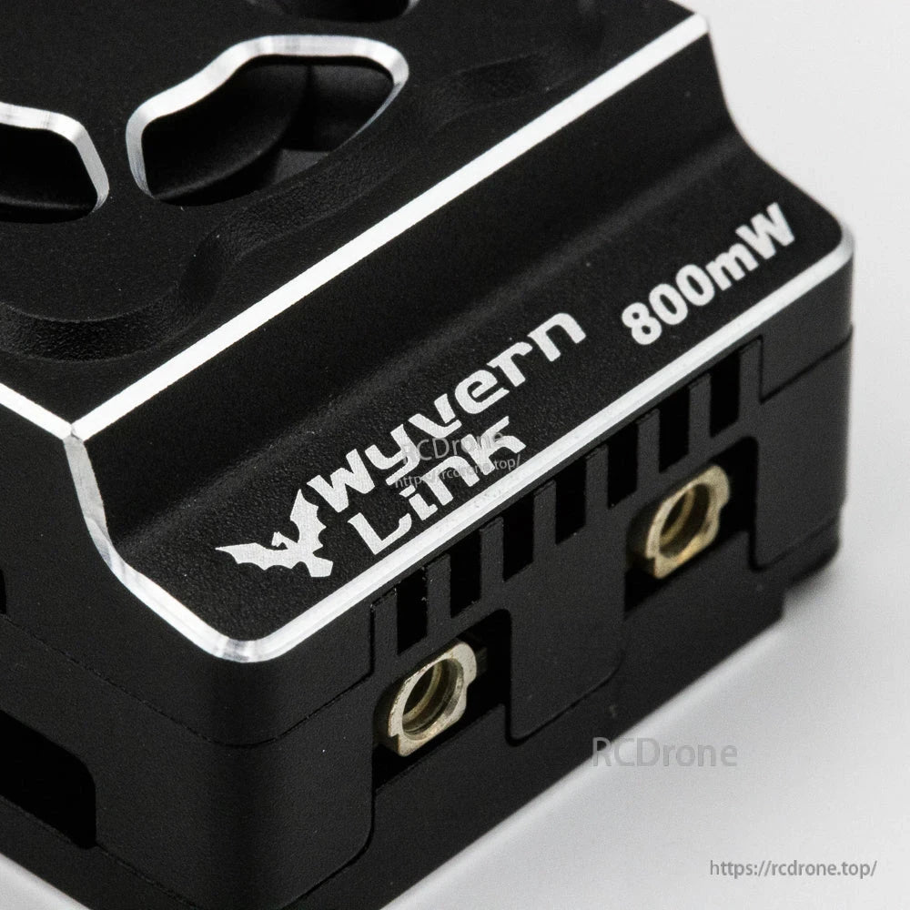 Wyvern Link 800mW VTX close-up showing Wyvern Link logo and side mounting threads on housing
