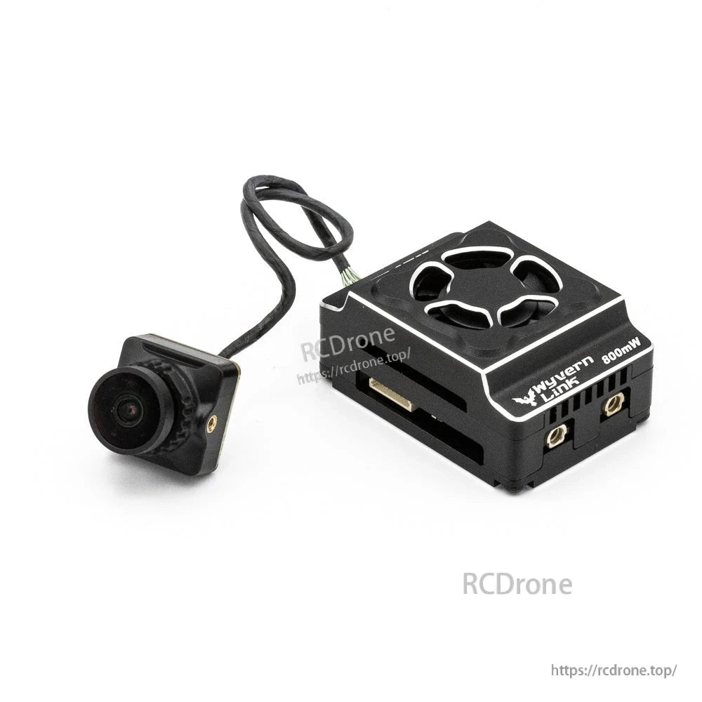 EMAX OpenIPC Wyvern Link Alpha 800mW VTX angled view with camera and vented transmitter case