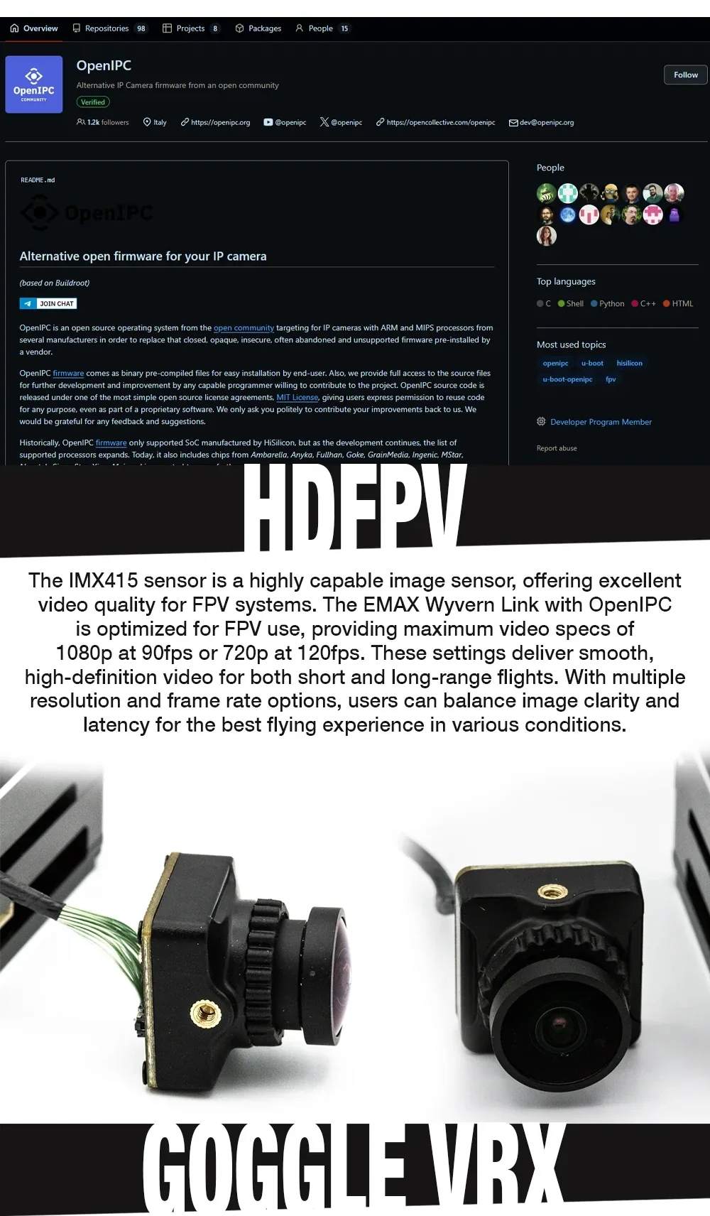 OpenIPC HD FPV overview with IMX415 sensor note and camera views for 1080p/90fps or 720p/120fps options