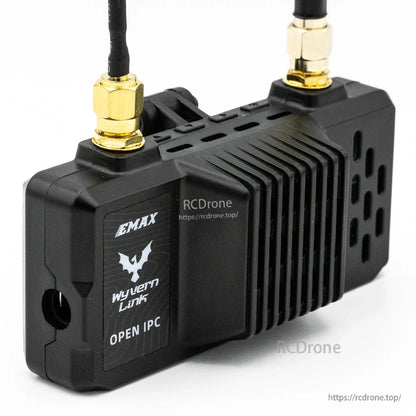 Angled side view of Wyvern Link OpenIPC VRX module showing heatsink fins and antenna connectors