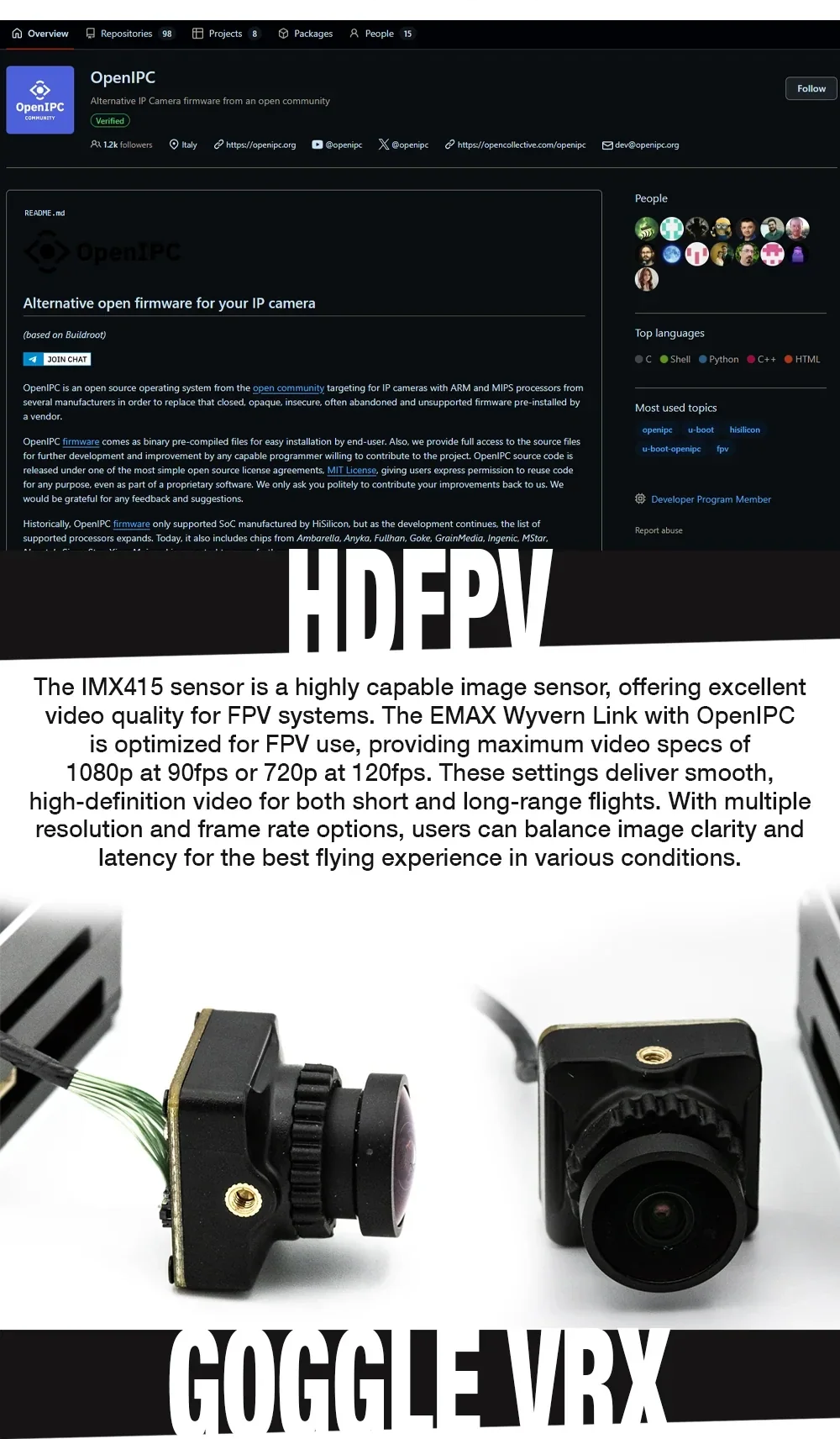OpenIPC HD FPV interface graphic with close-ups of the small FPV camera and lens module