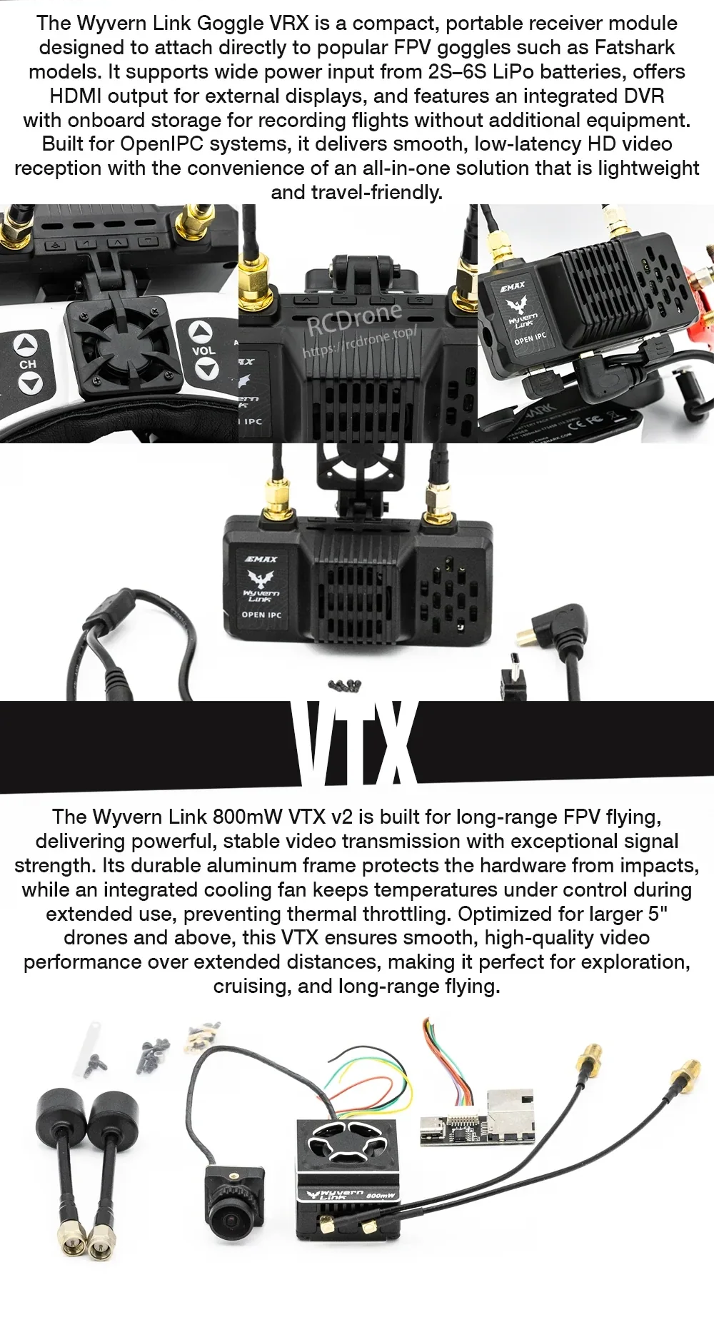 Wyvern Link receiver module and accessories layout with dual antenna connectors and wiring harnesses