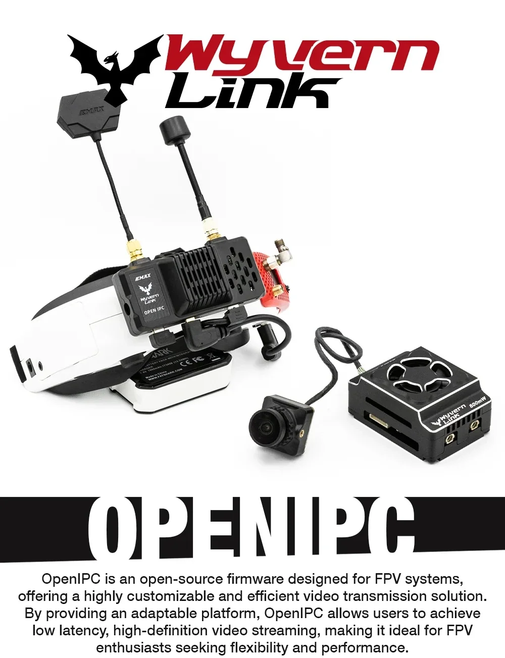 EMAX OpenIPC Wyvern Link Goggle VRX kit with FPV goggles mount, camera, and VTX module on white background