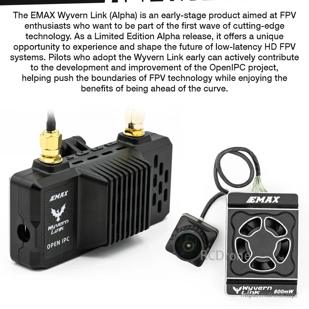 Close-up of EMAX Wyvern Link OpenIPC VRX module, FPV camera, and 800mW-labeled VTX unit