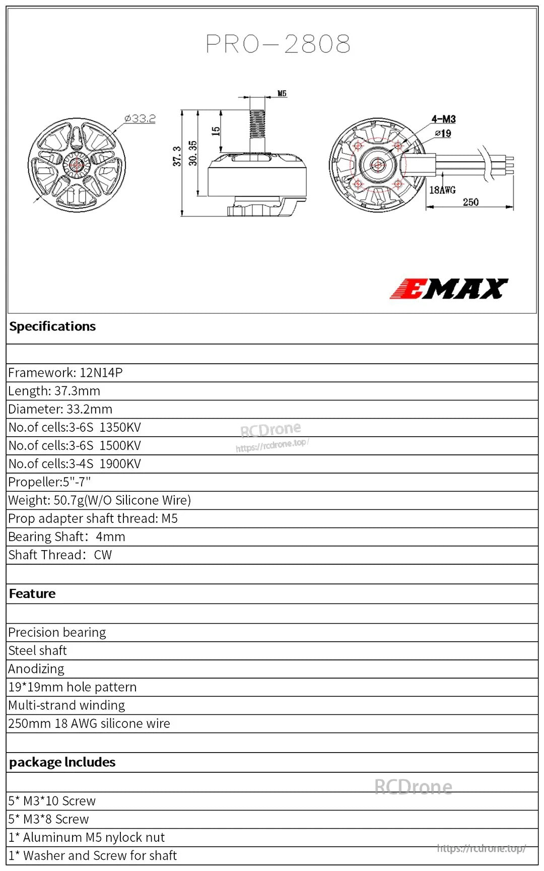 EMAX PRO-2808 specifications sheet listing 12N14P design, 5–7 inch prop range, M5 prop adapter thread and package contents