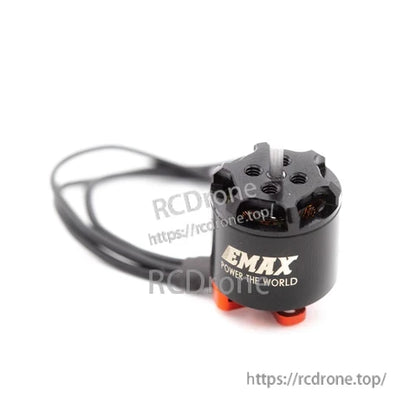 EMAX micro brushless motor full view with attached lead wires on white background