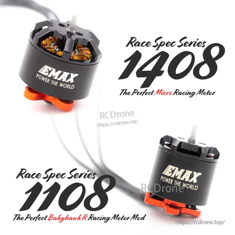 EMAX Race Spec Series 1108 vs 1408 micro racing motor promotional graphic with two motors shown