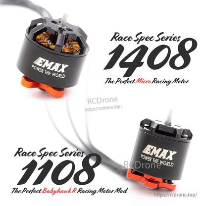 EMAX Race Spec Series 1108 vs 1408 micro racing motor promotional graphic with two motors shown