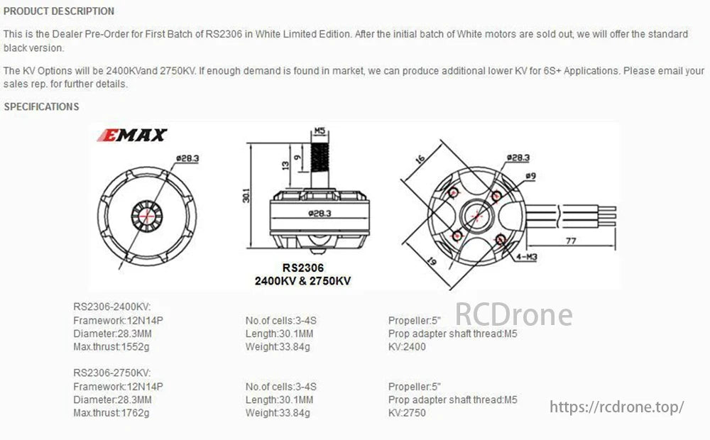 EMAX RS2306 2306 2550KV Brushless Motor, EMAX RS2306 brushless motor for 5-inch FPV racers, 2400KV/2750KV options, max thrusts 1552g/1762g, white limited edition initially.