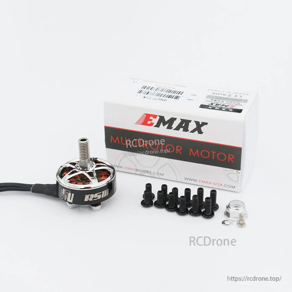 Package contents: EMAX motor box, RSIII motor, mounting screws, and prop adapter hardware