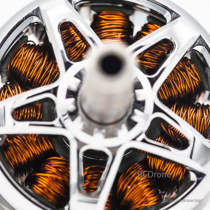 Top-down macro of brushless motor stator windings and bell spoke design around center shaft