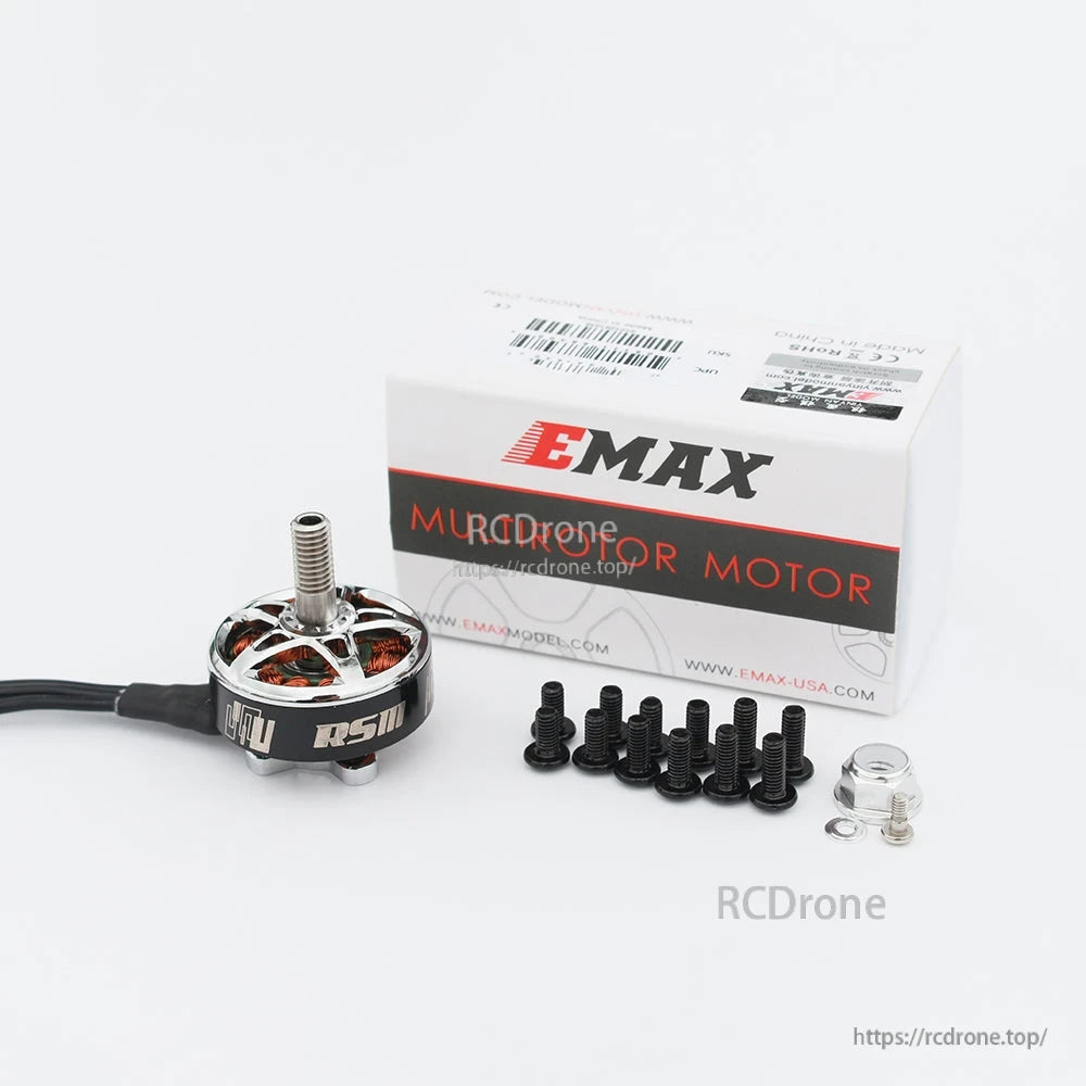 Package contents: EMAX RSIII motor, retail box, mounting screws, nut and washer