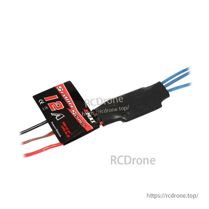 Simon Series 12A ESC close-up showing 12A label, signal wire, and blue motor phase wires