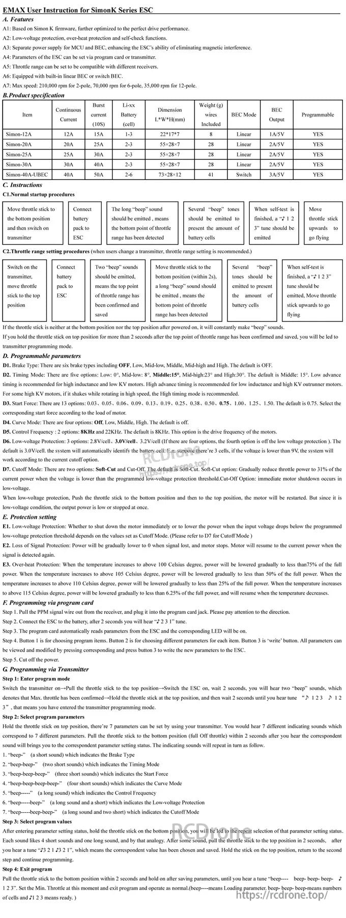 EMAX Simon Series 12A ESC instruction sheet with startup, throttle range calibration, and safety notes