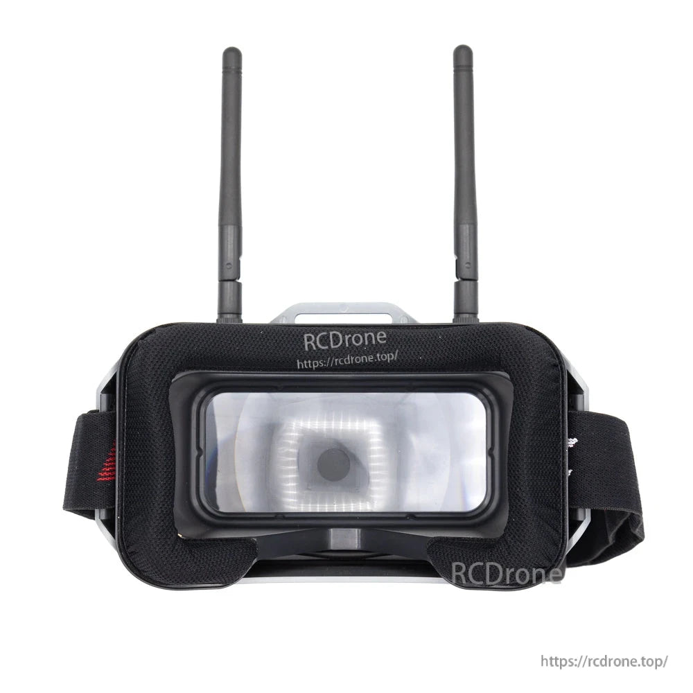 FPV box goggles front view with dual antennas, face foam, and elastic head strap
