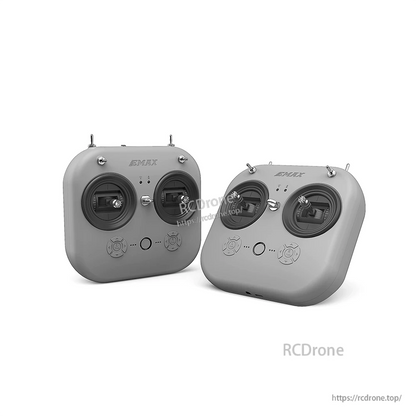 Radio transmitter angled view with attached monitor shown from rear, screen area obscured