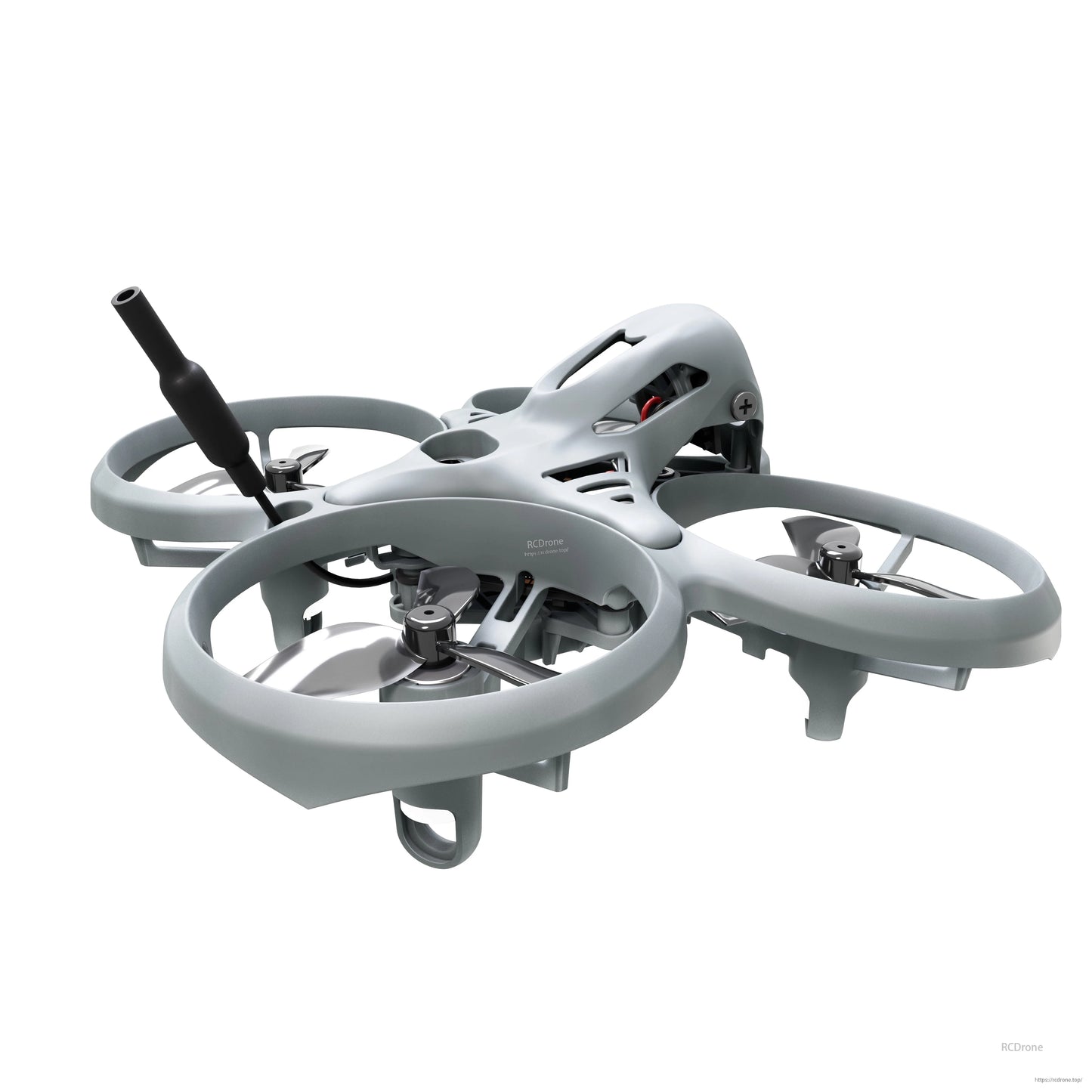 Angled side view of ducted micro quadcopter showing canopy, motor mounts, and antenna