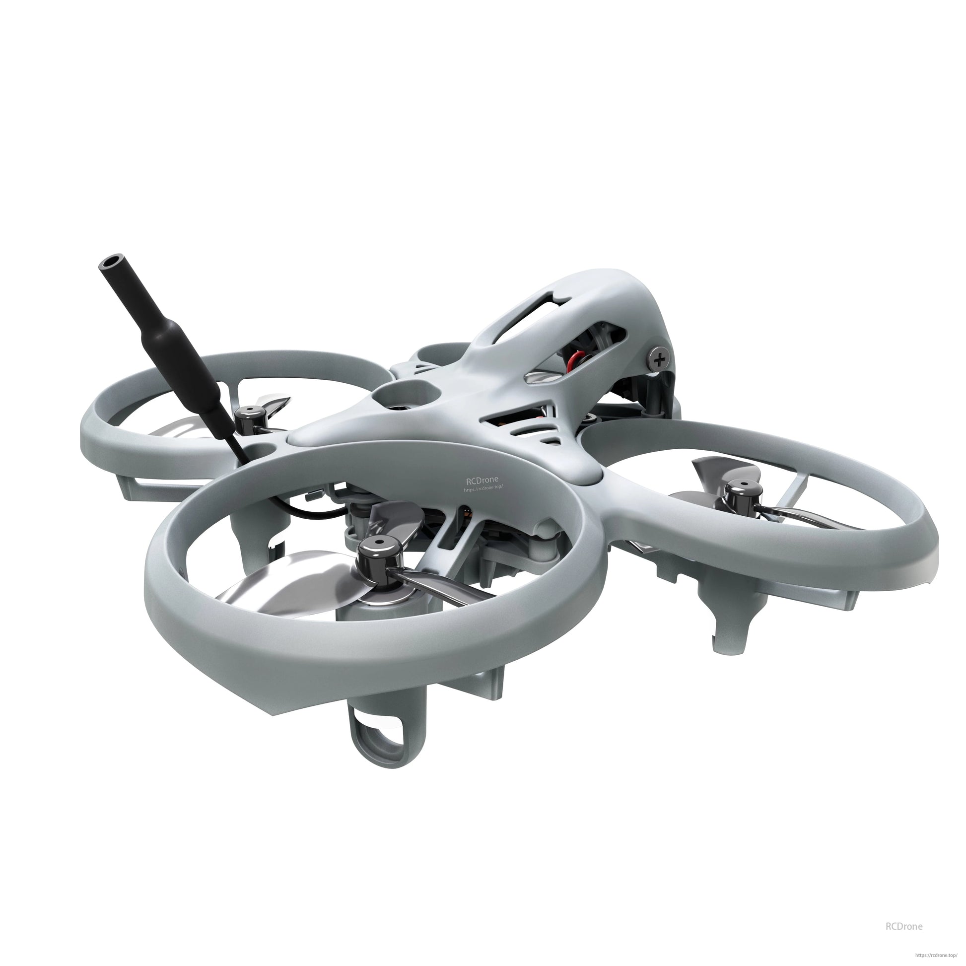 Angled side view of ducted micro quadcopter showing canopy, motor mounts, and antenna