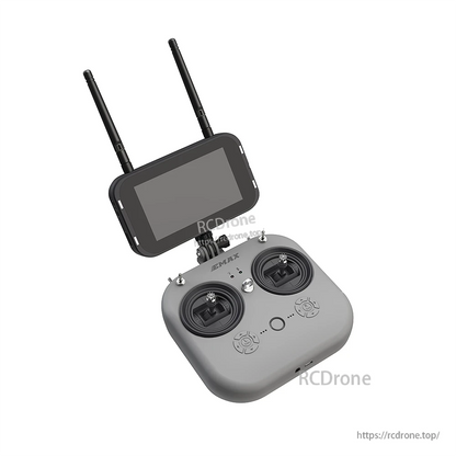 FPV radio controller with two antennas and attached screen monitor on top