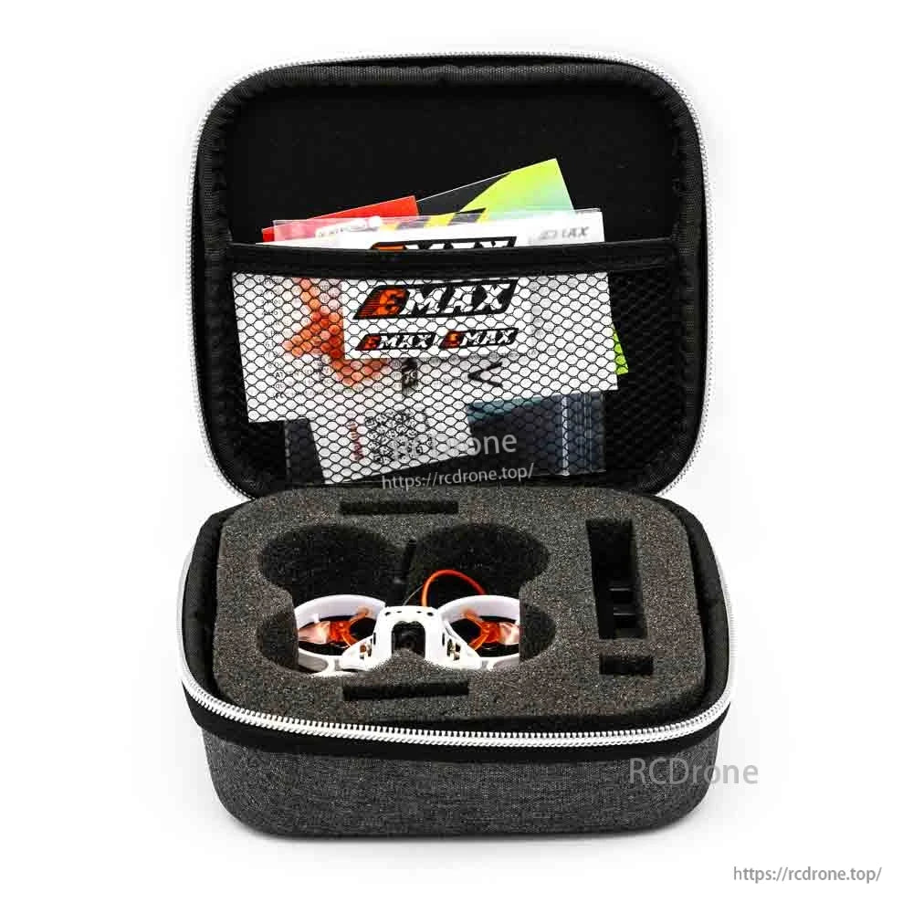 Zippered carrying case with foam insert holding the micro drone and included paperwork