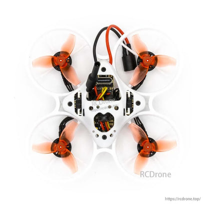 EMAX Tinyhawk Nanoscout 65mm FPV top view showing four ducted rotors, canopy, and wiring