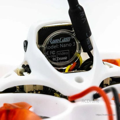 Close-up of camera housing label inside canopy showing RunCam Nano 3 marking