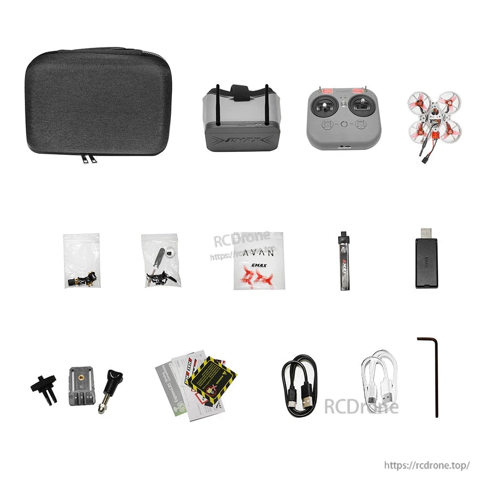 kit contents layout: case, goggles, transmitter, drone, cables