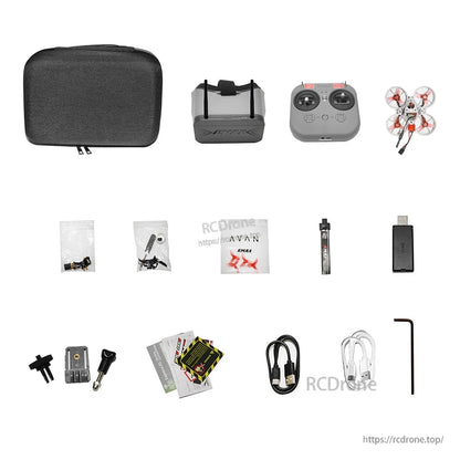kit contents layout: case, goggles, transmitter, drone, cables