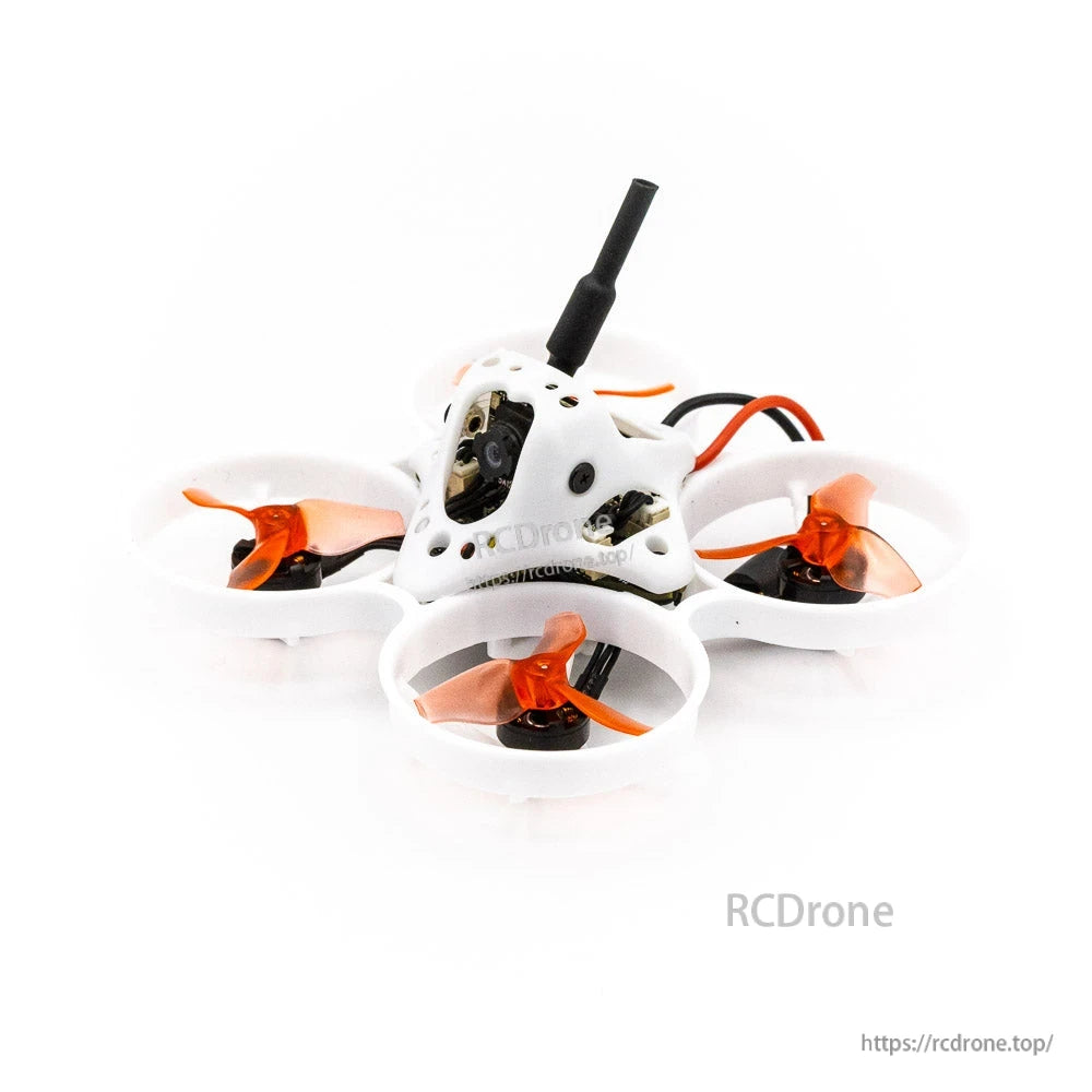 Angled side view of micro whoop drone canopy and camera housing with ducted orange props