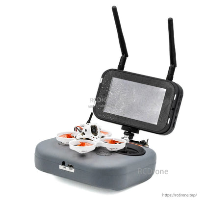 FPV monitor with dual antennas on base with micro whoop drone displayed in front