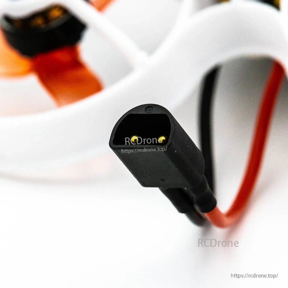 Close-up of two-pin battery connector on power lead