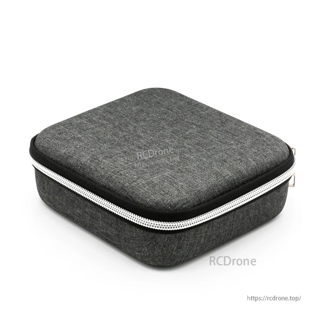 Gray zippered hard carrying case closed, exterior view