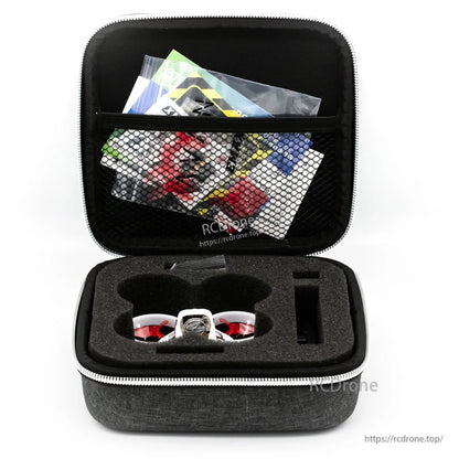 Zippered carry case open with foam insert for the drone and mesh pocket with manuals/accessories