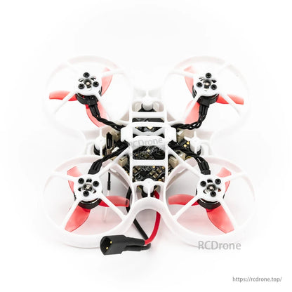 EMAX Tinyhawk Nanoscout 65mm whoop drone underside showing frame, motors, wiring and battery lead