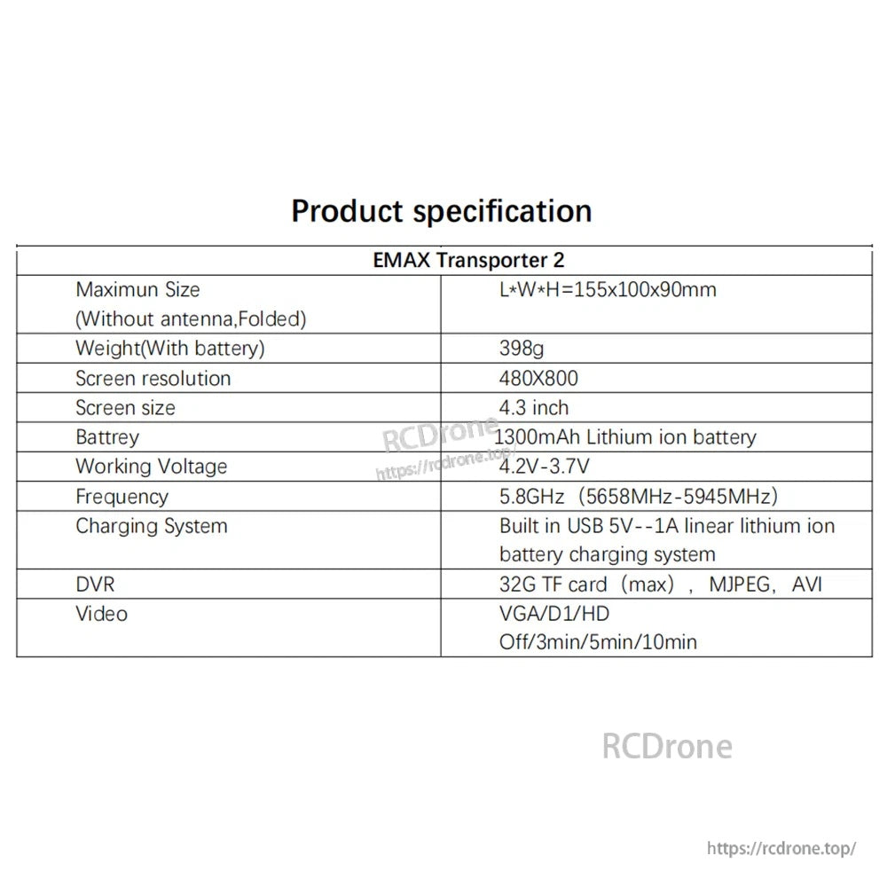 EMAX Transporter 2 FPV goggle product specification table with size, weight, screen, battery, and frequency