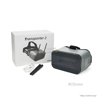 In-box contents: Transporter 2 goggles, retail box, two antennas, and USB cable