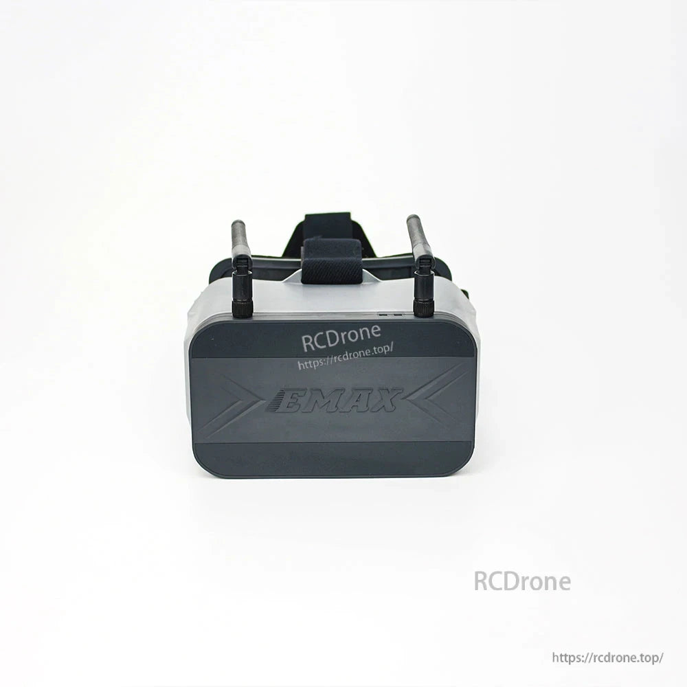 Front view of Transporter 2 goggles with EMAX logo panel and dual antennas folded forward