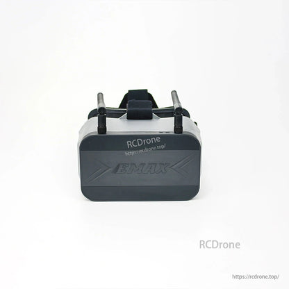 Front view of Transporter 2 goggles with EMAX logo panel and dual antennas folded forward