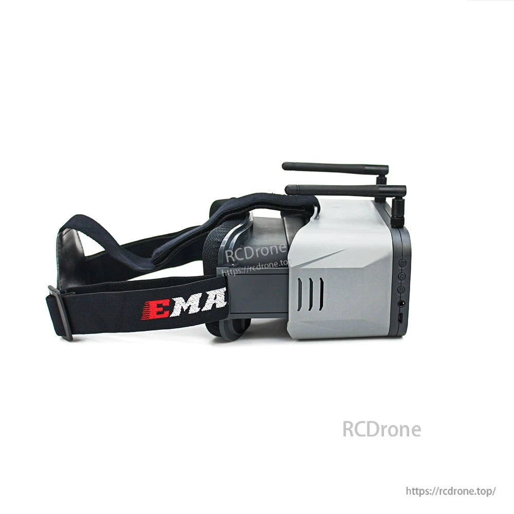 Side profile of Transporter 2 FPV goggles showing head strap, vents, and top-mounted antennas