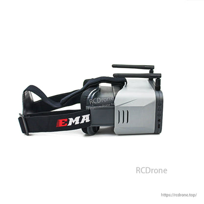 Side profile of Transporter 2 FPV goggles showing head strap, vents, and top-mounted antennas