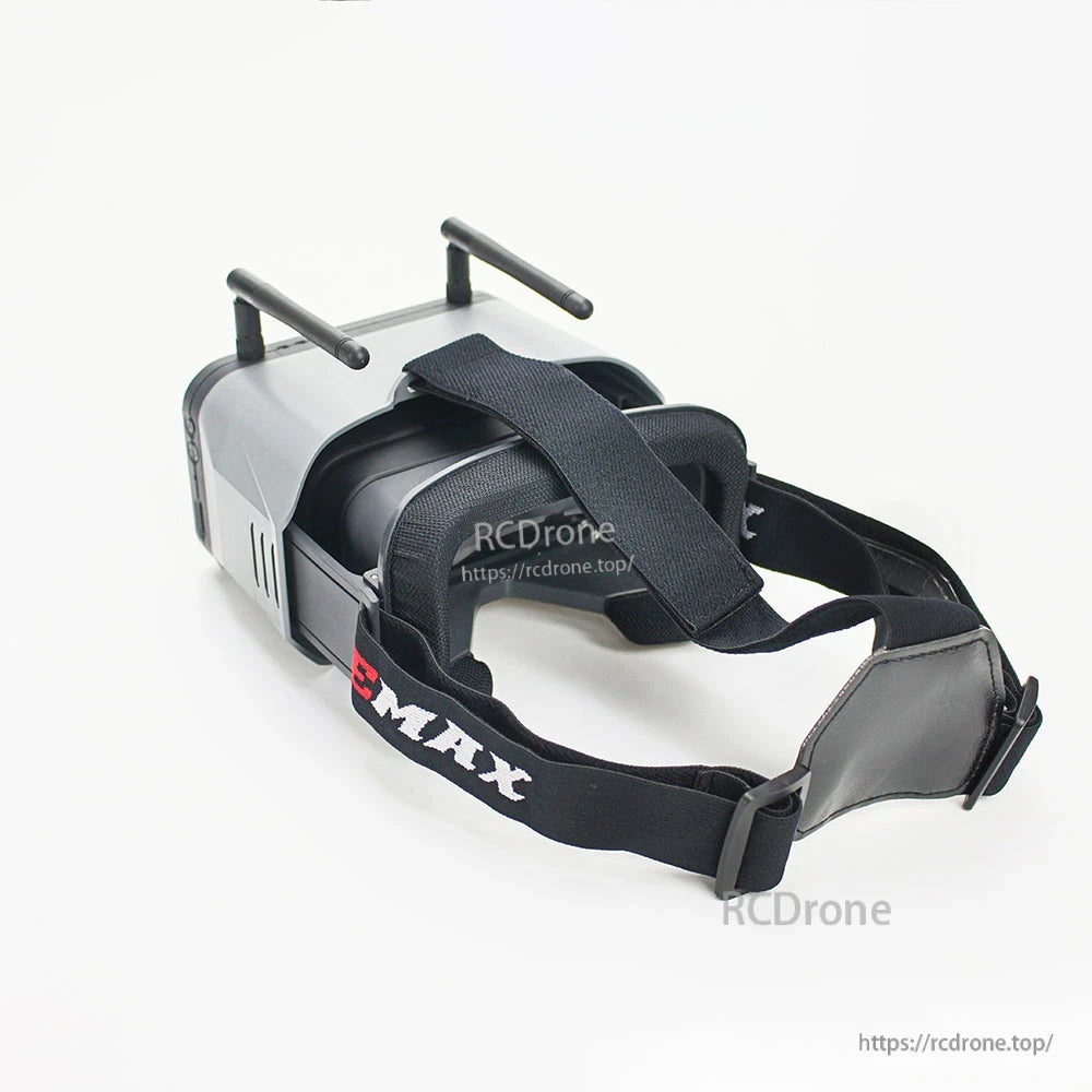 Top angled view showing Transporter 2 FPV goggles head strap padding and antenna placement
