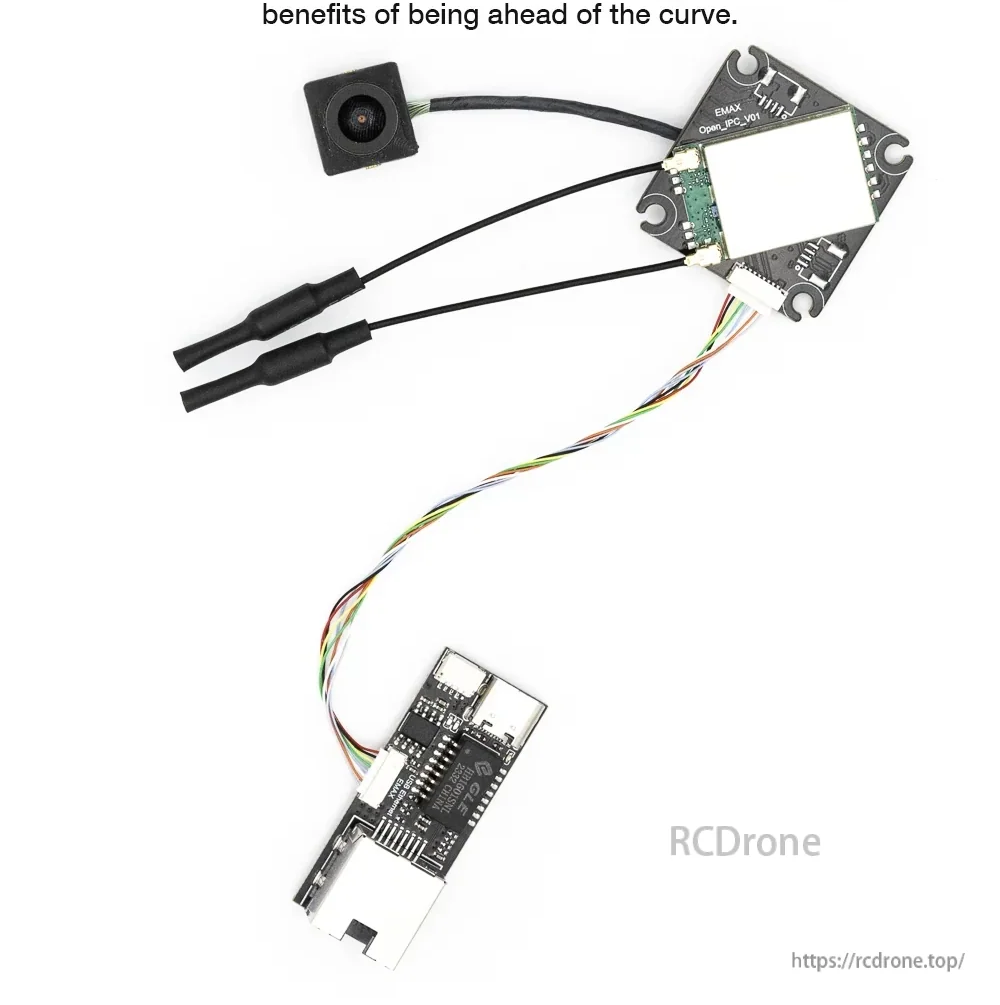 Wiring layout with FPV camera, receiver board, and USB-C/Ethernet adapter for Wyvern Link OpenIPC system