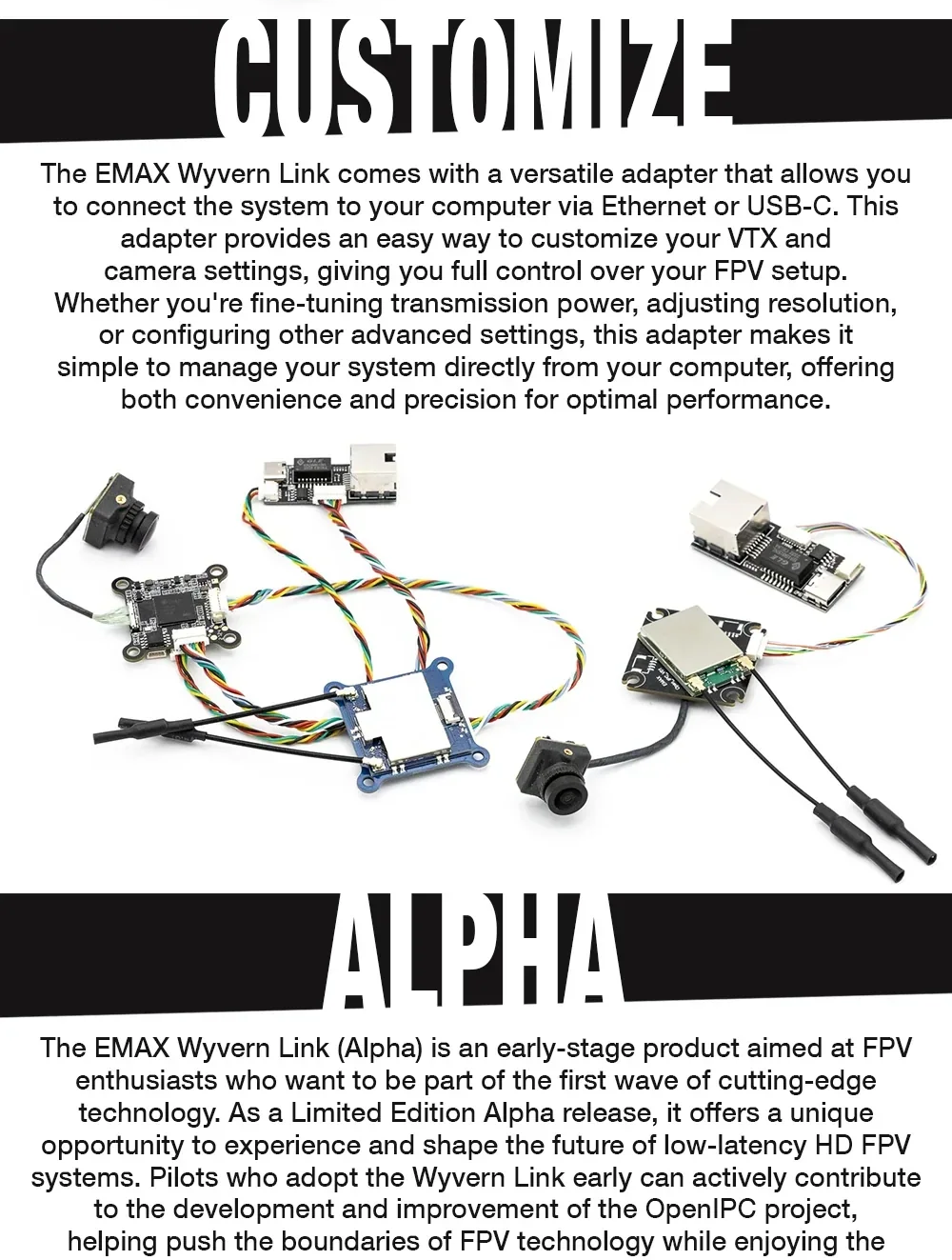 Wyvern Link PC configuration adapter and wiring harness for Ethernet or USB-C tuning of OpenIPC settings