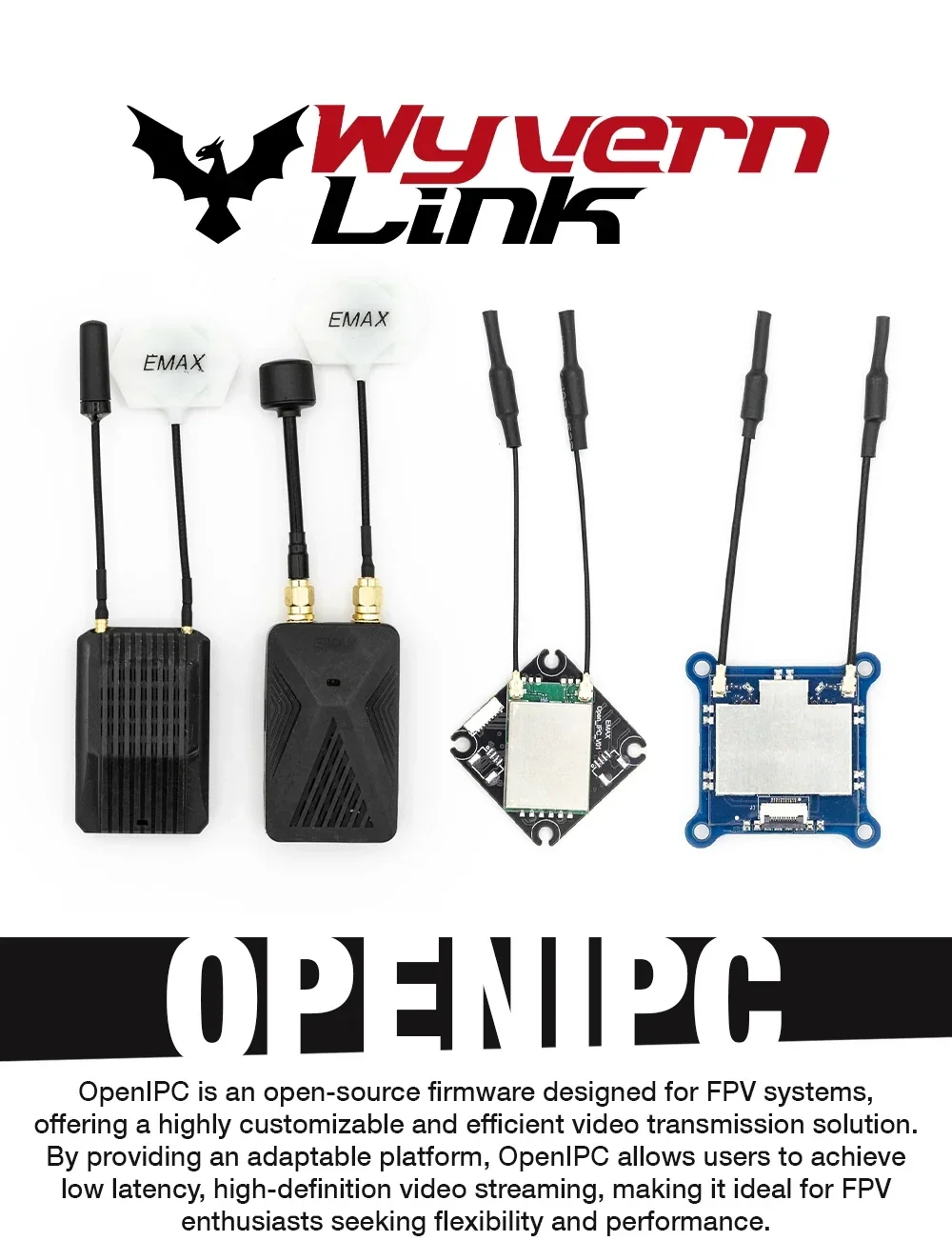 EMAX Wyvern Link OpenIPC FPV VRX 2W kit with receiver module, antennas, and boards on white