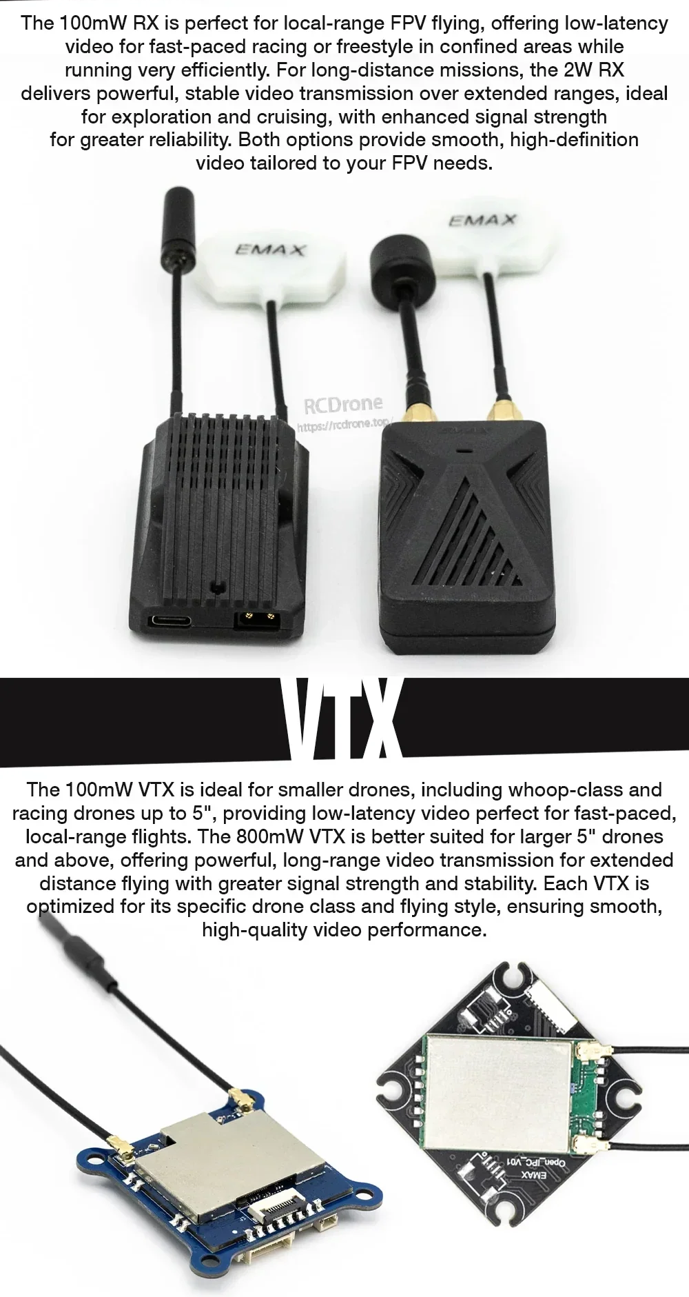 EMAX Wyvern Link VTX hardware with antennas, highlighting 800mW option alongside other power configurations