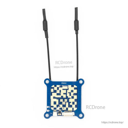 Rear view of VTX PCB with checkerboard pad pattern and dual antenna leads on a white background