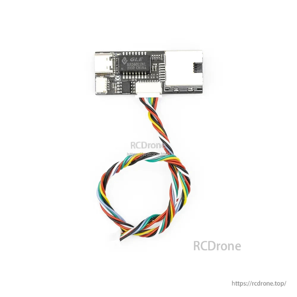 Top-down view of USB‑C to RJ45-style interface board with multicolor cable attached