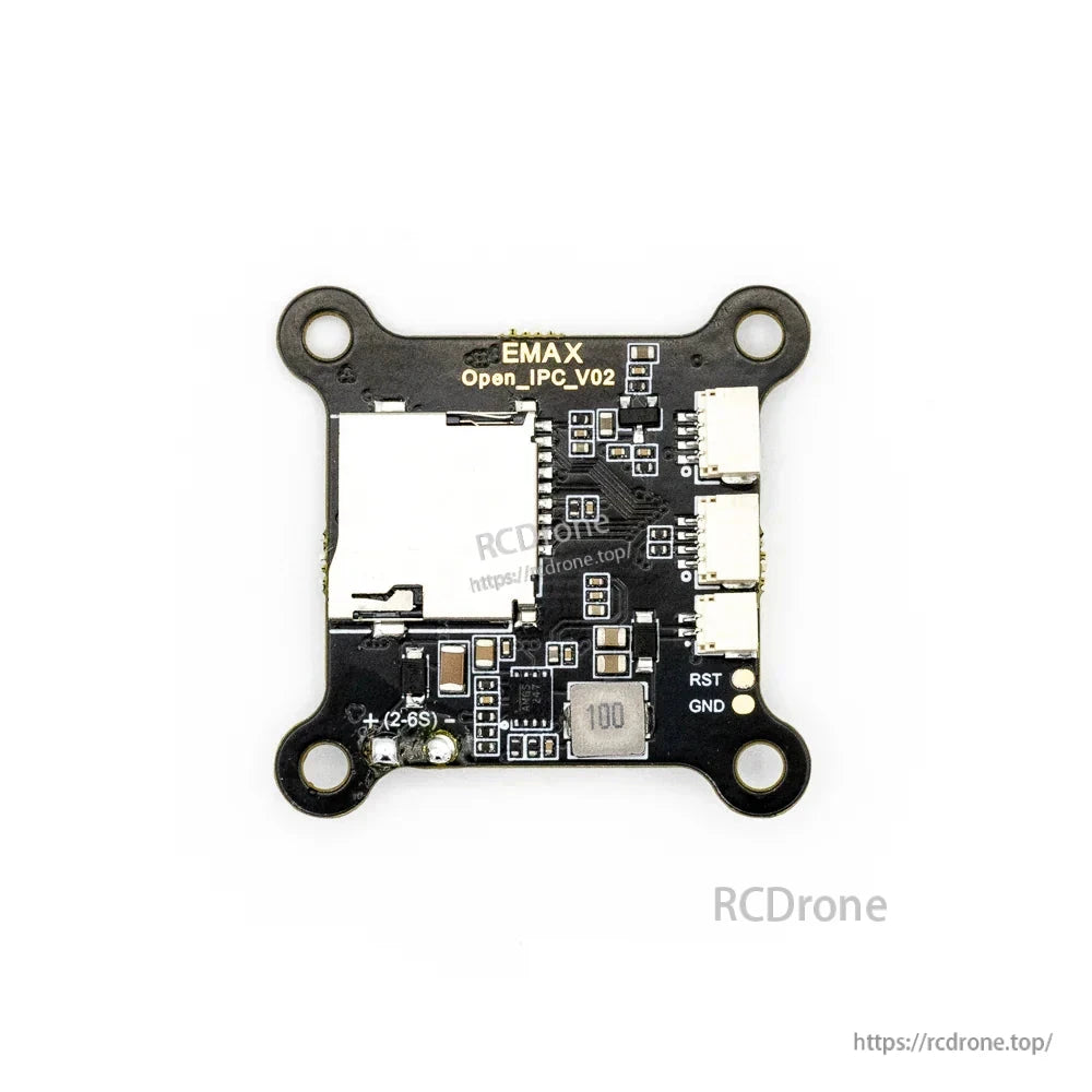 Top-down view of EMAX Open_IPC_V02 board showing microSD slot, RST/GND pads, and connectors