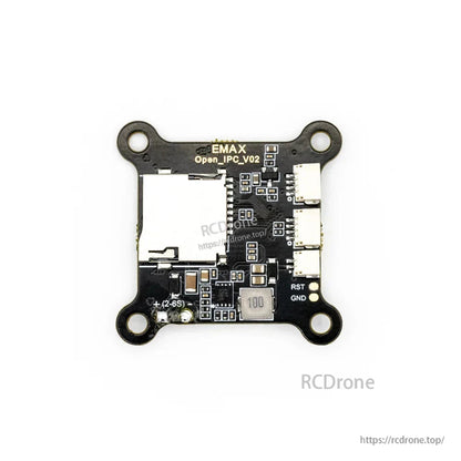 Top-down view of EMAX Open_IPC_V02 board showing microSD slot, RST/GND pads, and connectors