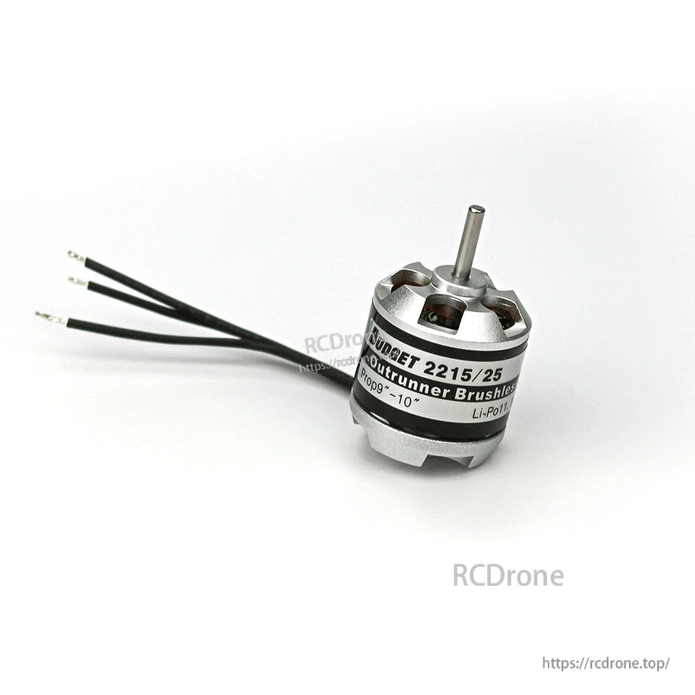 EMax Budget 2215/25 outrunner brushless motor with three lead wires, angled view
